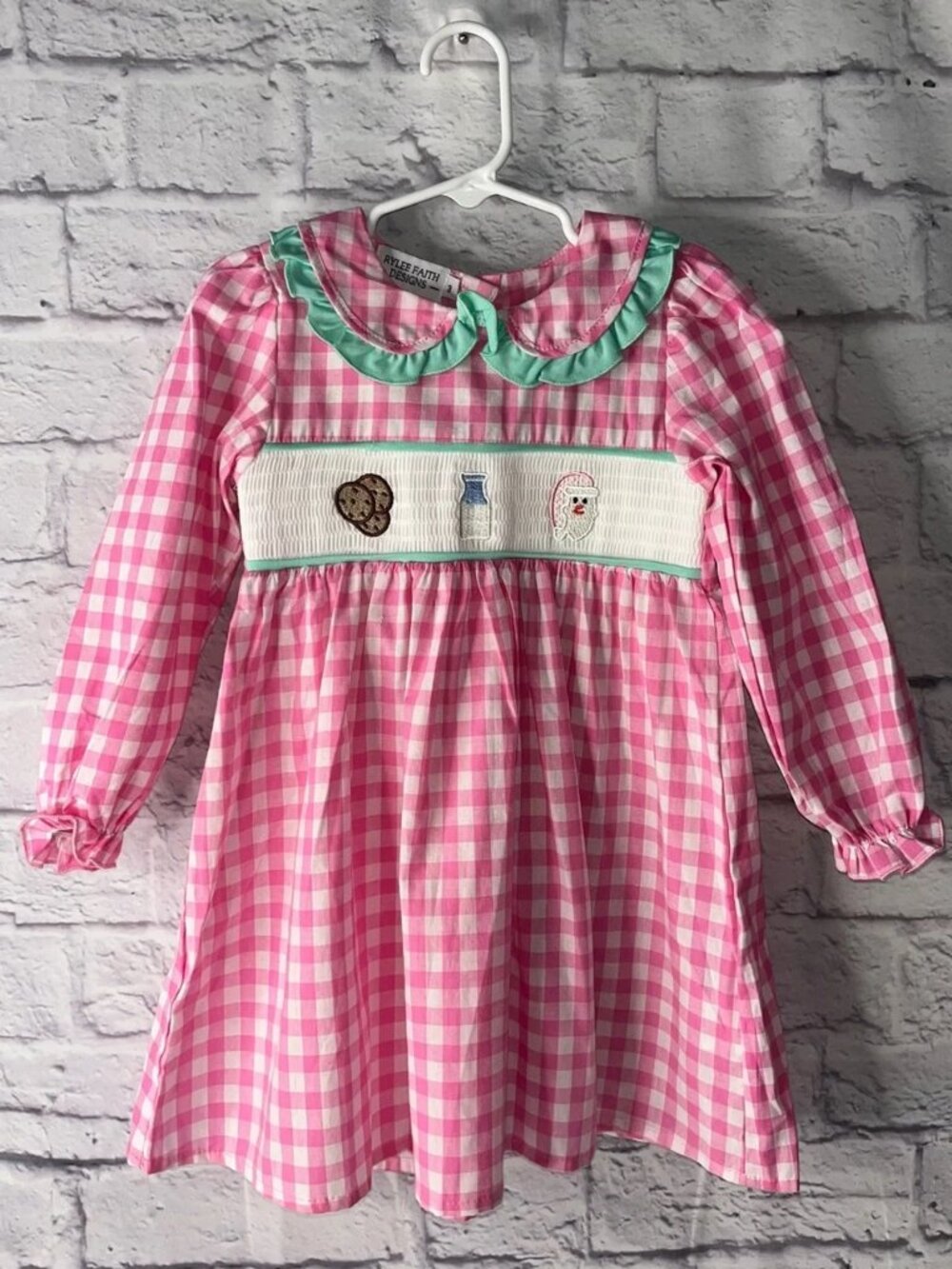 Girls Pink and White Green Gingham Ruffle Collar Dress Santa Christmas size 3